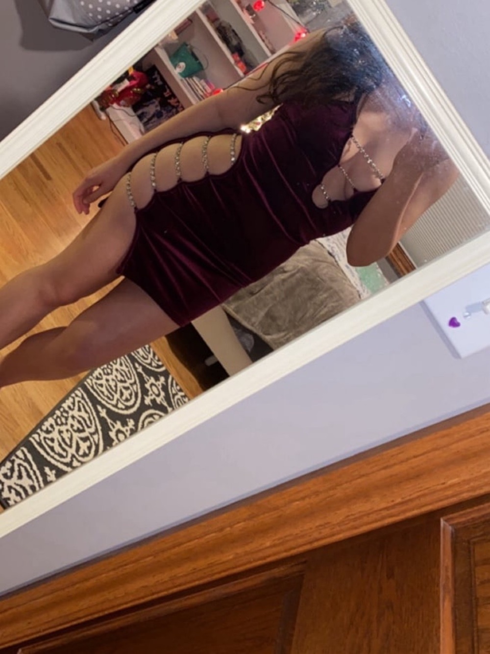 SHEIN Burgundy Velvet Rhinestone Chain Cutout Mini Dress Size Small